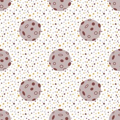 Cute space seamless pattern with rocket, moon, planets and stars. Children's illustration in Scandinavian style with pastel colors, hand drawn. For clothing, printing, decoration