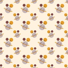 Cute space seamless pattern with rocket, moon, planets and stars. Children's illustration in Scandinavian style with pastel colors, hand drawn. For clothing, printing, decoration
