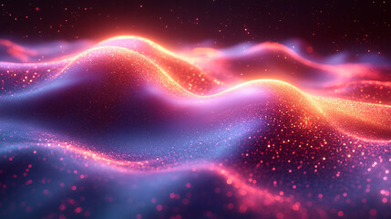 Futuristic abstract wave with sleek metallic textures and glowing neon hues of blue, purple, and cyan, creating a dynamic, high-tech aesthetic.