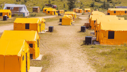 Colorful tents arranged in a campsite surrounded by greenery.