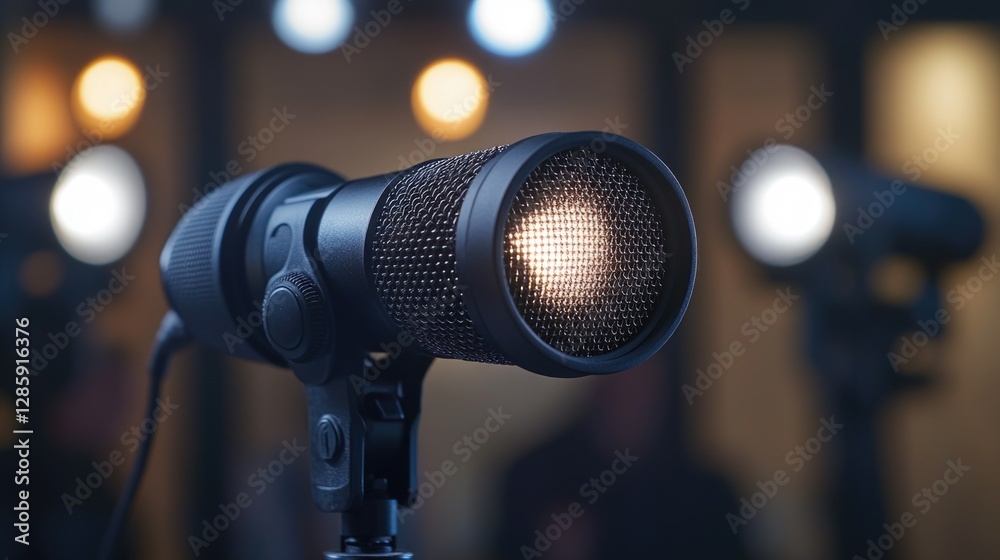 Poster a close-up shot of a microphone surrounded by colorful lights