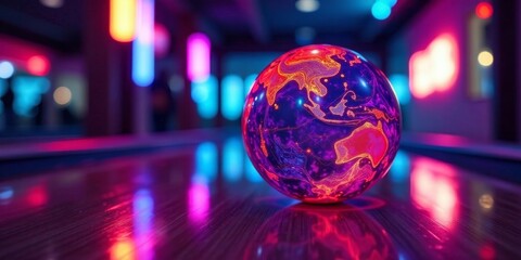 Abstract Globe Illuminated by Vibrant Neon Lights on a Reflective Surface