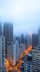 Fototapeta premium Foggy city dawn, street view, high-rise buildings