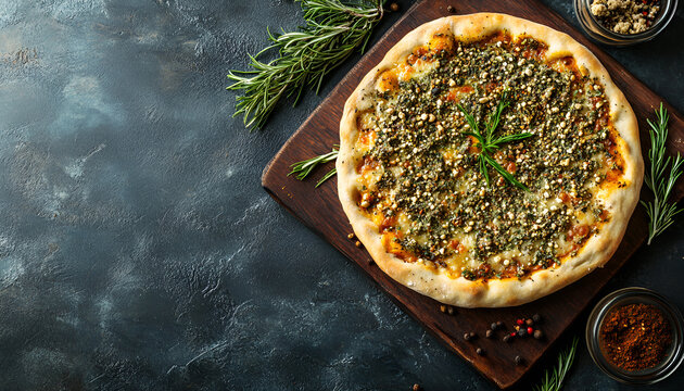 Manakeesh, arabic pizza, flat bread topped with zaatar spices, copy space. Homemade  mediterranean flat bread manakish