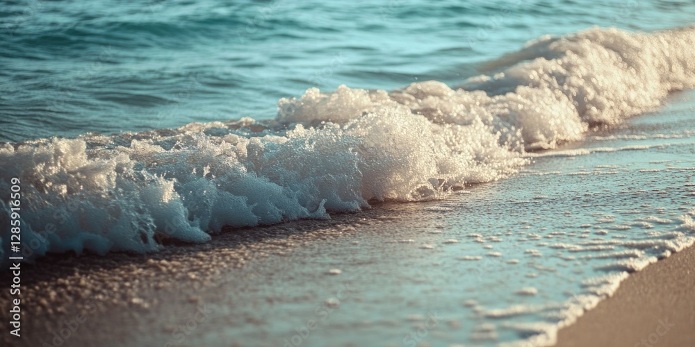 Poster A close-up view of a wave crashing on the beach, suitable for use in travel or coastal-themed projects