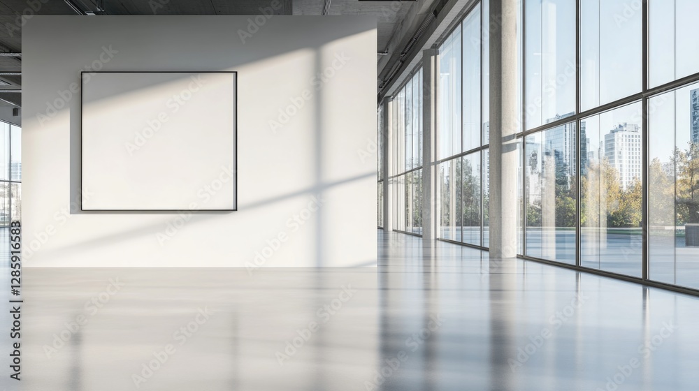 Poster an empty room with a large picture frame on the wall, perfect for creative backgrounds or decorative