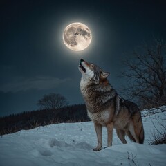 A fierce wolf with a silver crown, standing on a snowy hill, howling under a full moon.