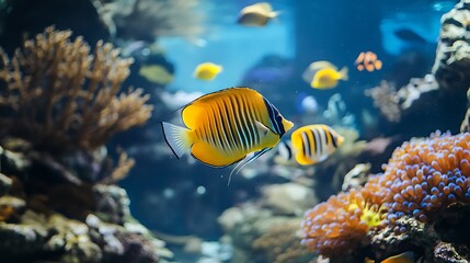 Naklejka premium Vibrant orange and blue fish swimming amidst coral reef.