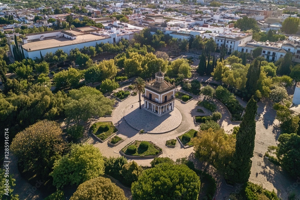 Poster Aerial view of a park with a clock tower, suitable for use in architecture or urban planning contexts