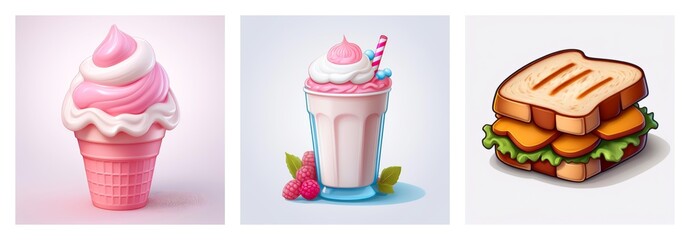Three food images showcase a pink ice cream cone, a strawberry milkshake with a straw and berries, and a grilled chicken sandwich with lettuce.