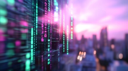 Digital data stream over cityscape at dusk