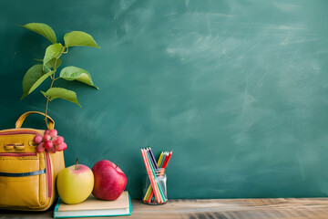 Colorful school supplies and fruits arranged on a desk with a green chalkboard background