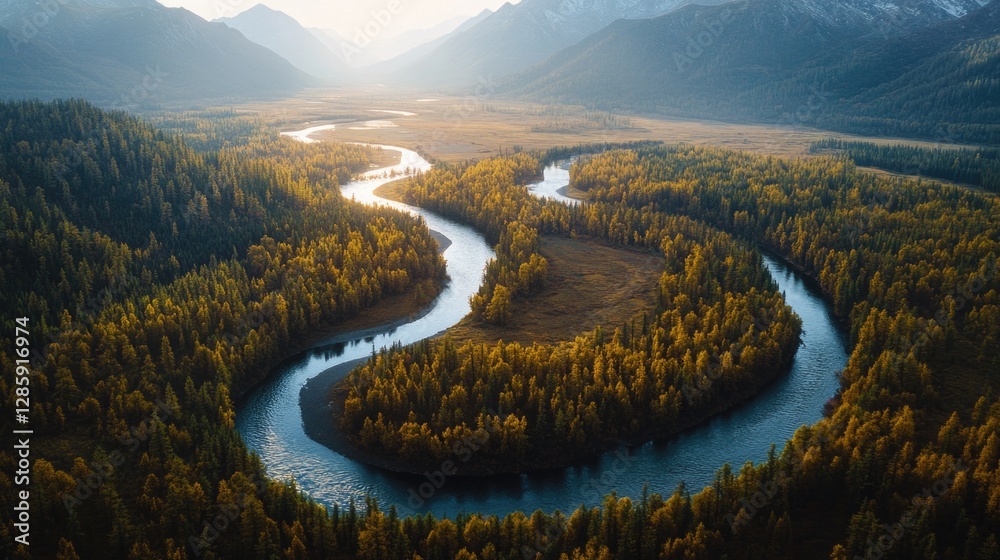 Poster a serene river runs through a dense and vibrant forest, perfect for use in nature-related concepts o