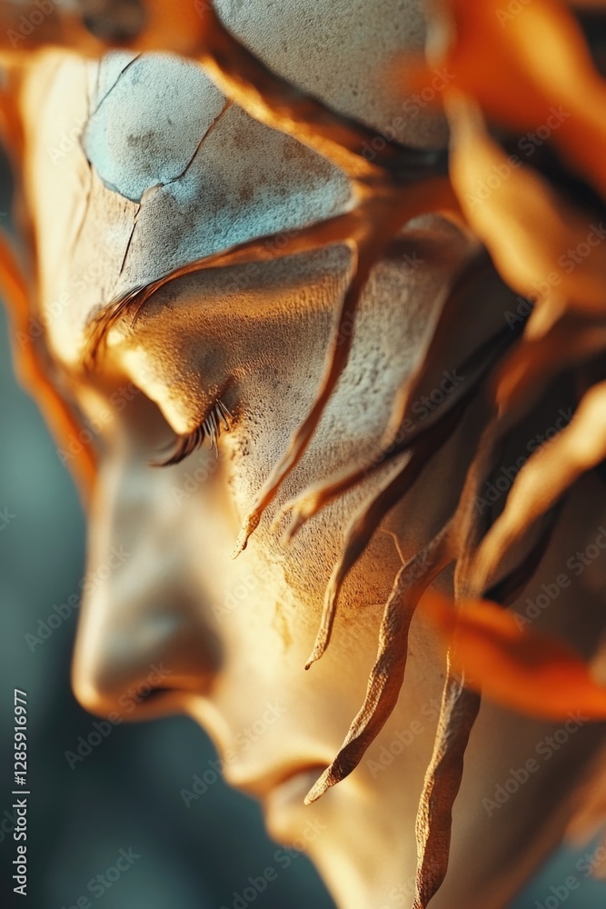 Poster a detailed image of a woman's face on a statue, suitable for use in art or history contexts
