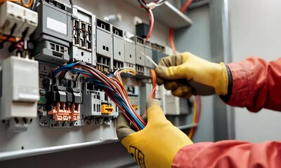A technician works on electrical wiring inside a control panel, ensuring proper connections and safety.