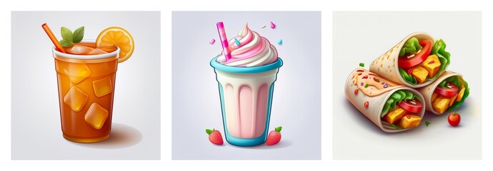 Image displays iced tea with orange and mint, a creamy milkshake with whipped topping, and stacked vegetable wraps. Variety of food and drink.