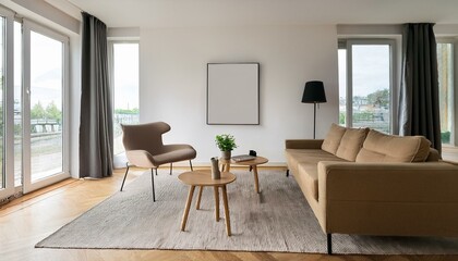 Bright living room interior with windows, two chairs and poster
