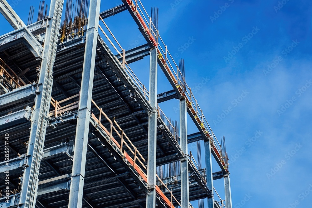 Poster a tall building with a clock on its roof, suitable for use in urban landscapes or architecture scene