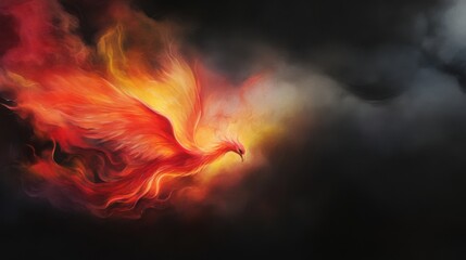 Fototapeta premium Majestic Phoenix Rising from Flames with Fiery Plumage in Darkness