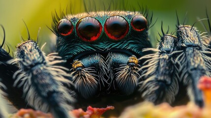 Close-up shot of a spider with bright red eyes, often found in dark places and mysterious settings