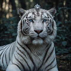 A mighty white tiger with piercing blue eyes, adorned with a diamond-studded crown, exuding royal presence.