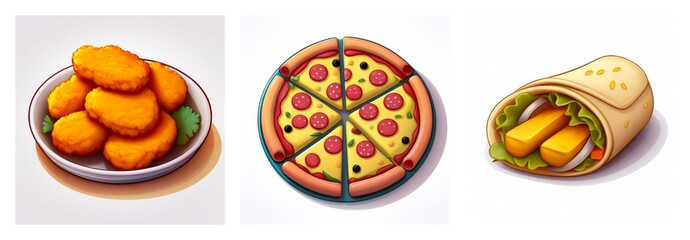 Various fast food items are displayed: crispy nuggets on a plate, a sliced pizza, and a savory wrap, all presented against a clean background.