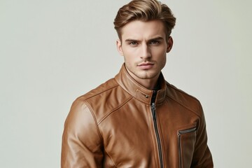 Obraz premium A close-up of a man wearing a brown leather jacket, posing for a photo