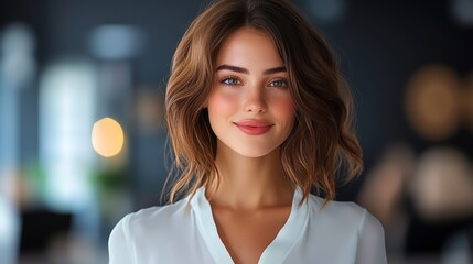 Obraz premium Woman with short brown hair and a white shirt is smiling. She is wearing a pair of earrings and has a pinkish blush on her cheeks