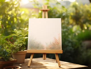 Blank canvas on an easel surrounded by plants in a sunny garden environment for artistic inspiration
