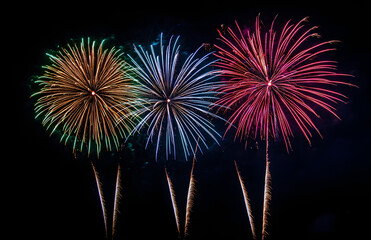 Festive, colorful fireworks display on a black background, with space for text or design