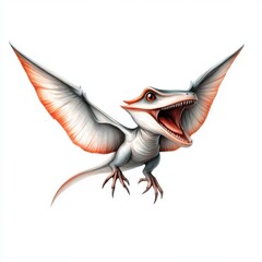 Fototapeta premium Colorful Pterosaur with Wings in Mid-Flight against a Bright White Background