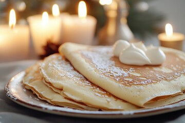 A plate of fluffy pancakes topped with creamy whipped cream, perfect for breakfast or brunch