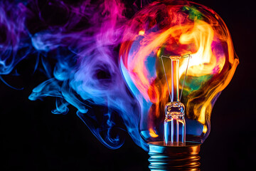 Colorful light bulb with flame and colorful smoke on a black background. An innovative idea concept