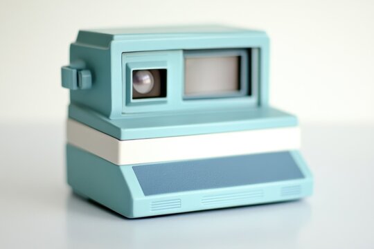 A classic Polaroid camera sitting on a table, ready for use