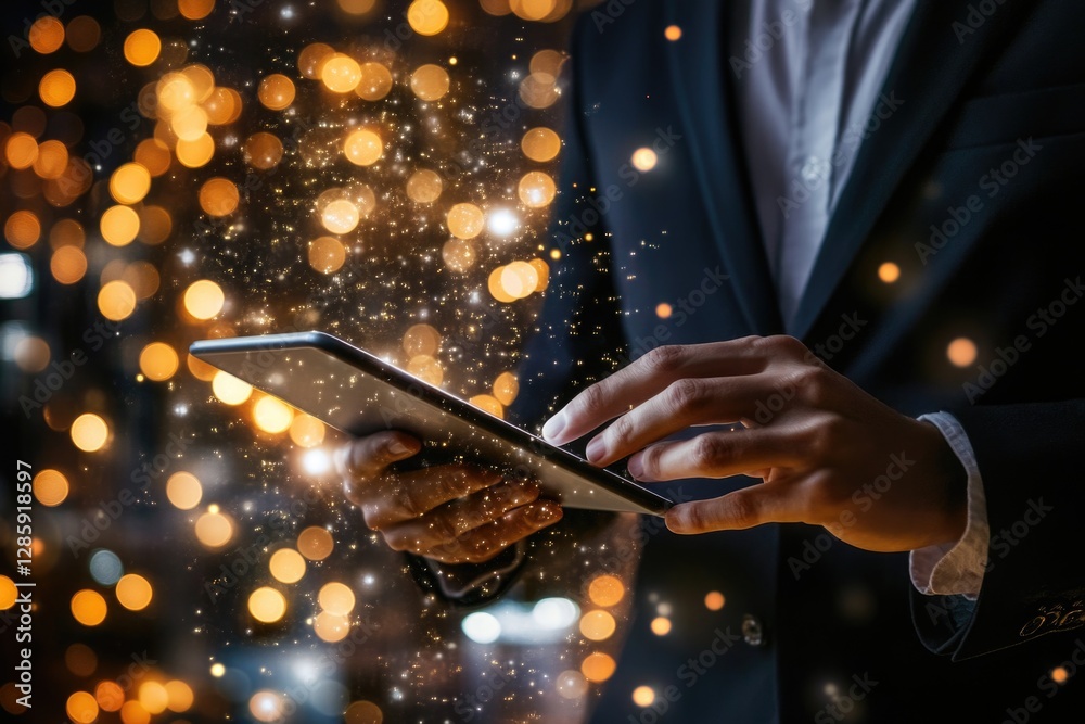 Poster a man in a suit holds a tablet computer, ready for work or presentation