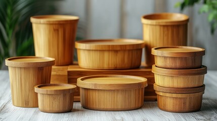 Bamboo food containers and cups, display on white surface, plants in background