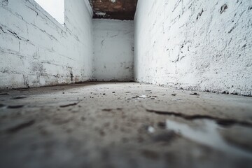 A close-up of a dirty room with a white wall and floor, great for use in scenes about messiness or cleanliness