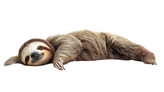 Cute sloth lying down isolated on transparent background, relaxed sleepy animal cutout, brown fur wildlife PNG