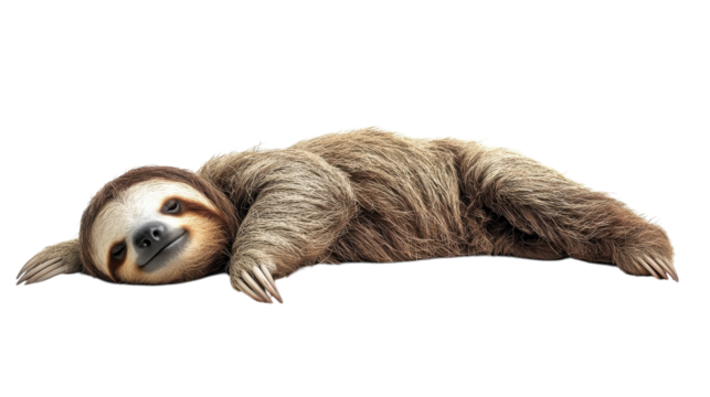 Sloth with a human-like face lounges peacefully on a white background during a sunny day