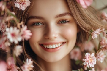 Naklejka premium A smiling woman posing in front of a bouquet of flowers