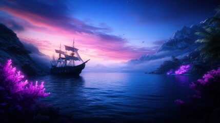 Obraz premium Majestic Sunset Over Calm Waters with Ship and Colorful Flora