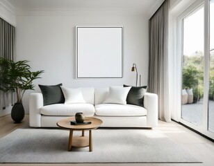 White living room with white sofa and poster