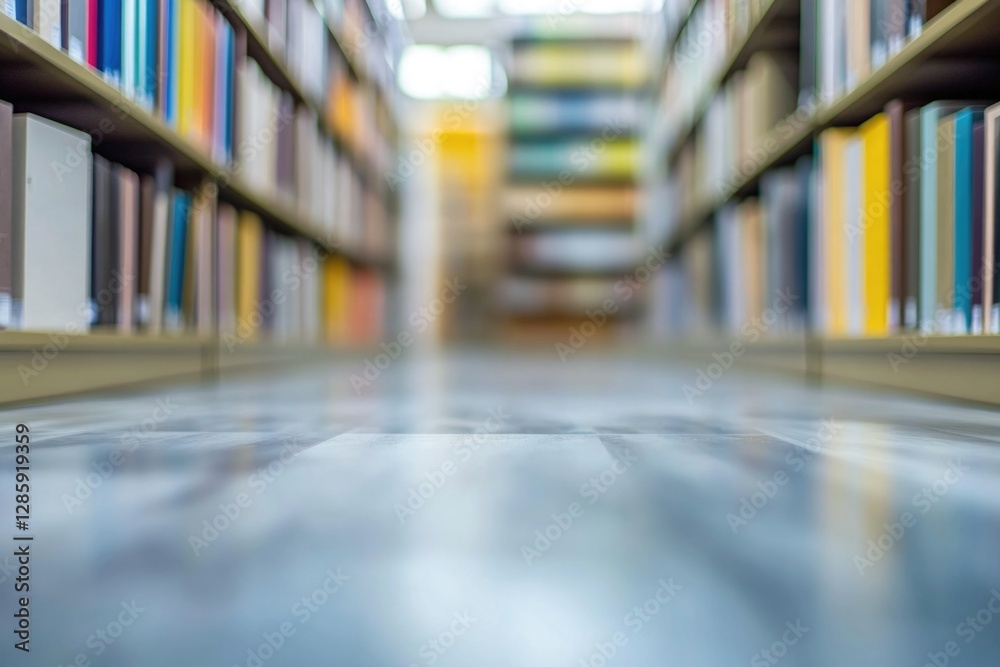 Poster a blurred image of a library with shelves filled with books