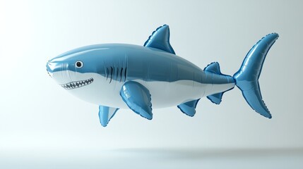Obraz premium A 3D render of a balloon in the shape of a shark, grey with blue fins, floating against a white background with soft light casting shadows