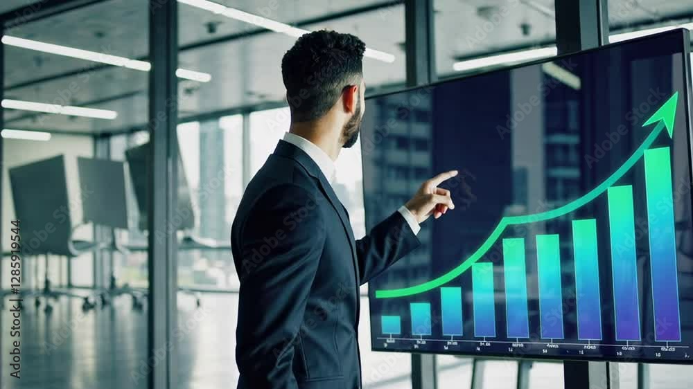 Poster businessman presenting positive financial results, pointing at a growing graph displayed on a large 