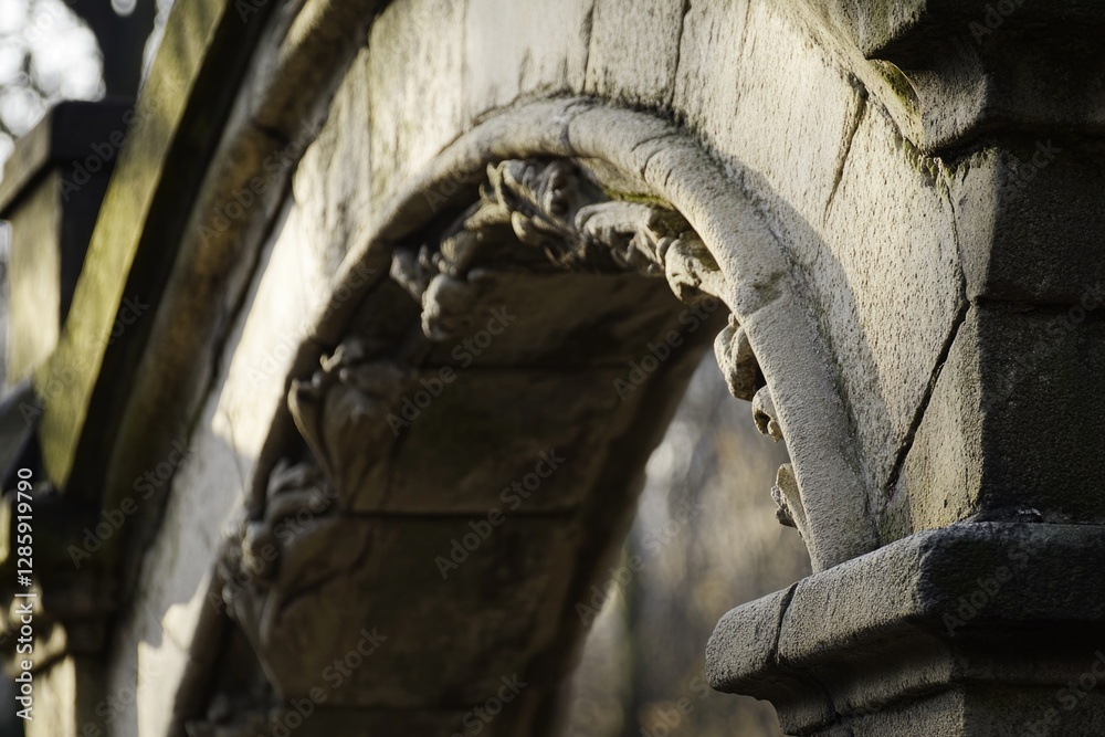 Poster a stone arch with a lion's head on it, often found in ancient architecture
