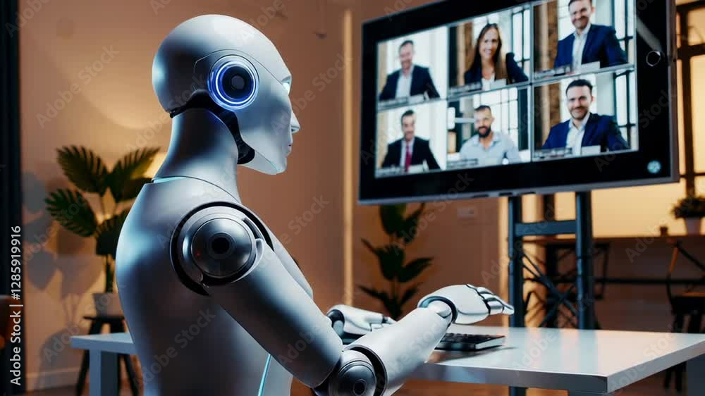 Poster advanced humanoid robot participating in an online business meeting, gesturing and interacting with 
