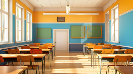 Bright and inviting classroom interior with colorful walls, desks, and natural light streaming in
