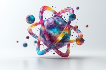 A colorful abstract depiction of an atom in a white background