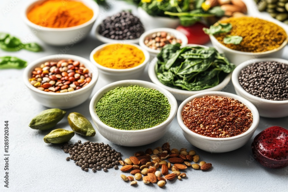 Leinwandbilder a selection of variously colored and textured bowls filled with different types of spices and herbs